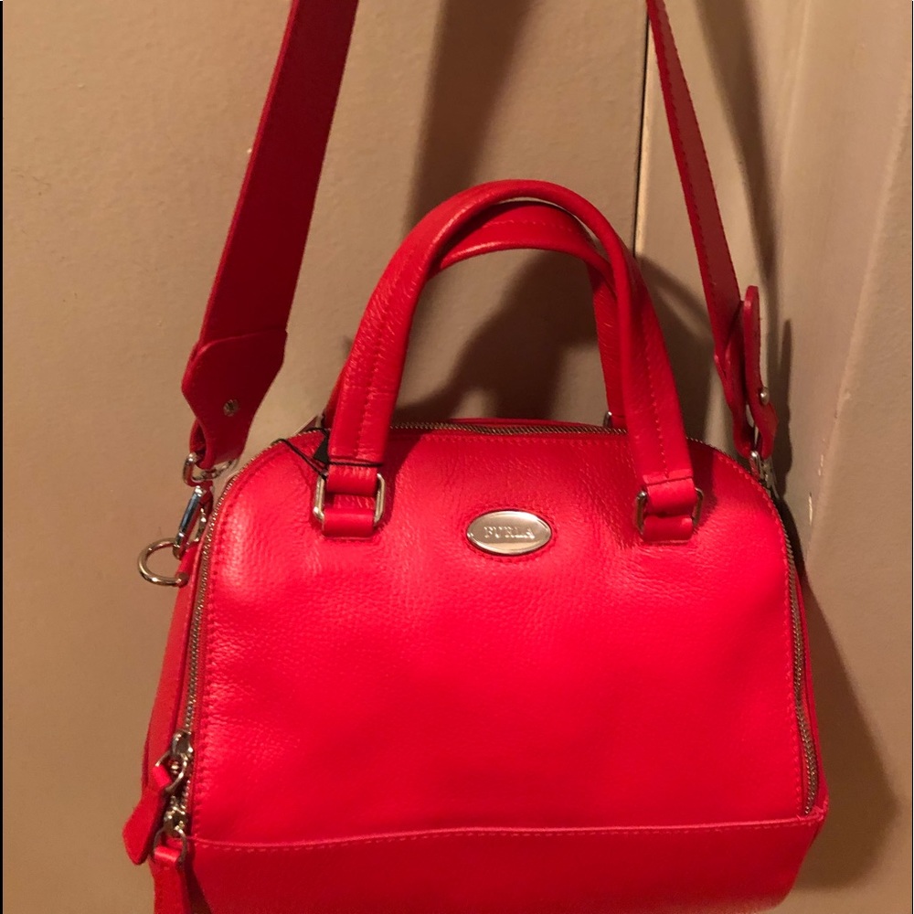 Beautiful red Italian leather Furla Satchel with removable shoulder strap